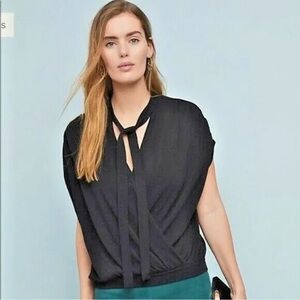 Anthropologie Rambuteau Black Knit Sleeveless Faux Wrap Tie Neck Sweater - M